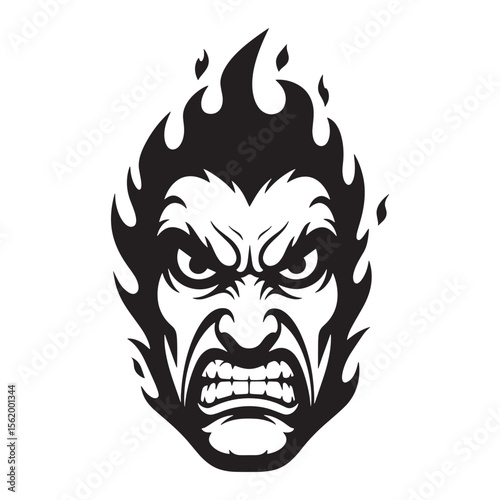 Powerful vector illustration of an angry fiery demon head in black and white