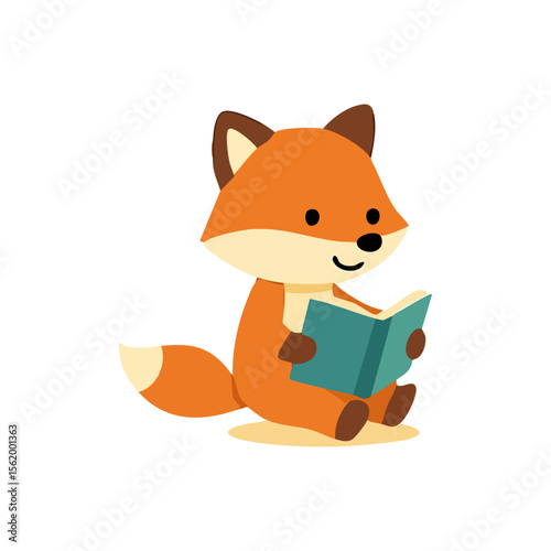 Cute cartoon fox reading a book