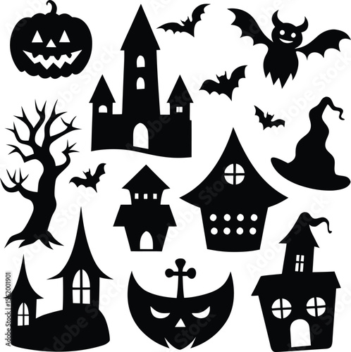 Set Halloween Elements Vector Illustration with Various Kinds  and  silhouette