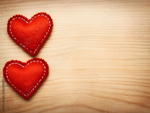 Two Red Felt Hearts on Wooden Background Romantic Valentines Day Love
