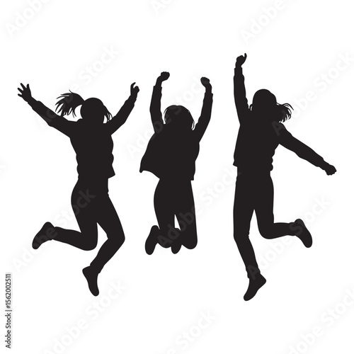 Silhouette illustration of three joyful young women jumping and celebrating together happily