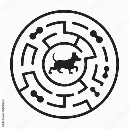 Abstract circular maze featuring a silhouette of a dog navigating the puzzle for conceptual design