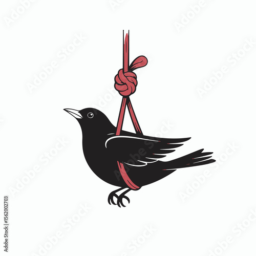 Illustration of a black bird hanging from a red rope knot isolated on a white background