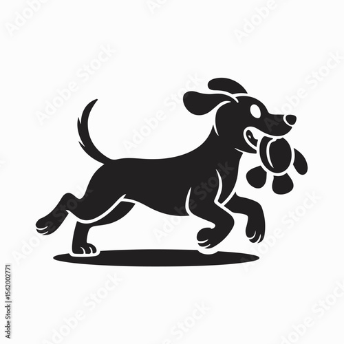 Playful black silhouette dog joyfully running with toy in mouth depicting happiness and canine entertainment