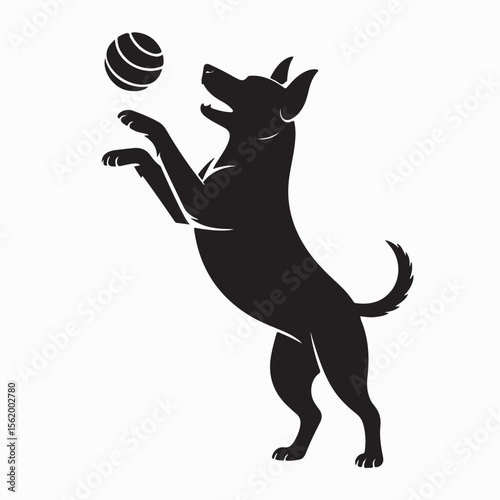 Playful black silhouette of a dog reaching up to catch a ball against a clean white background