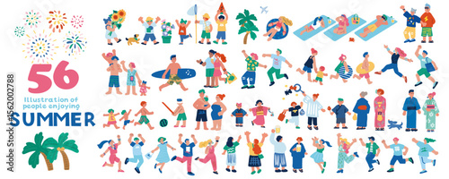 夏を楽しむ人々のフラットな手描きのイラストセット
