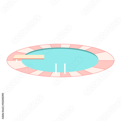 Round swimming pool vector illustration. Cute empty pool with diving board and ladder isolated on white background. Sport leisure activity for kids, summer poolside relaxation, hotel vacation design