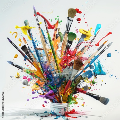 Art supplies explosion - paintbrushes, watercolors, scissors in mid-air against white
