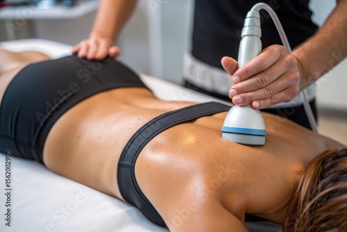 Therapist uses ultrasound device for back treatment on a patient lying on a massage table