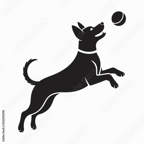 Silhouette of a happy dog jumping to catch a ball a simple black and white vector illustration