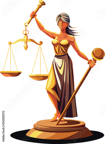 A collection of stylized illustration symbolizing justice, featuring the Lady Justice statue, scales, and gavel with a powerful and symbolic aesthetic