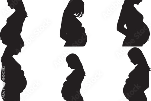 Silhouettes of pregnant woman showing various stages of pregnancy on white background
