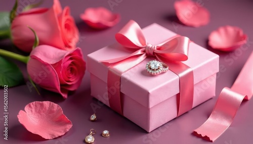 Elegant pink ribboned gift box, jewelry, roses, valentines, design, gift