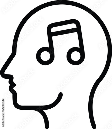 Human head outline with musical note inside; mind of musician line drawing