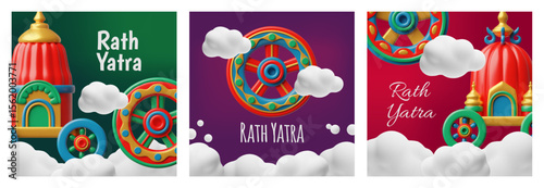 3D vector set of Rath Yatra celebration cards in India.