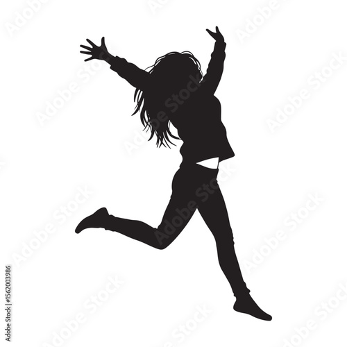 Silhouette of a joyful woman leaping in the air with arms raised against white background