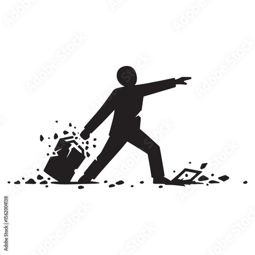 Silhouette of a man breaking a stone block demonstrating strength and perseverance