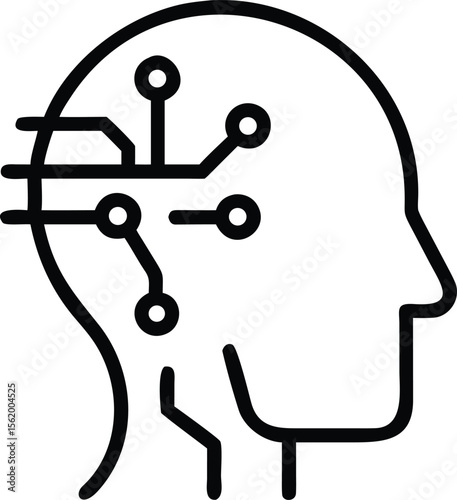 Human head with circuit board implant, AI technology icon, line art