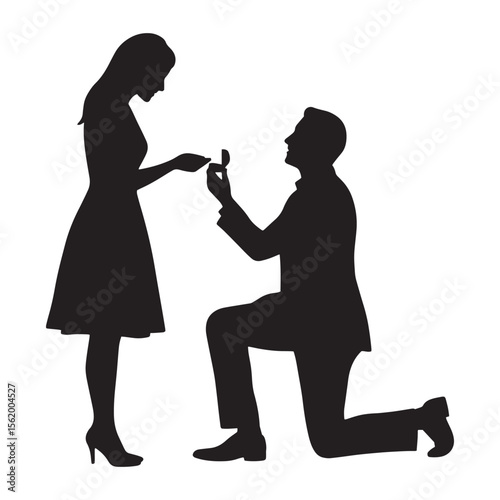 Silhouette of a man proposing marriage to a woman with engagement ring