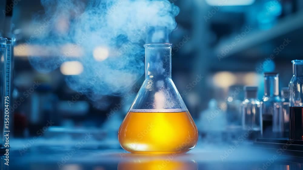 Laboratory glass flask with yellow liquid and steam in science lab  