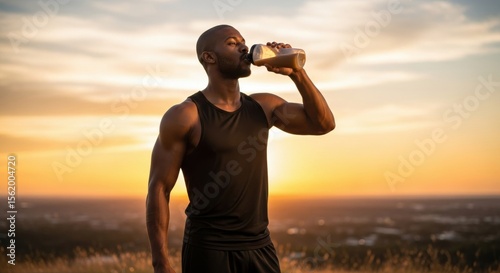 Wallpaper Mural Muscular man in athletic clothing drinking protein shake outdoors during sunset, showing strength and hydration after exercise, with scenic sky background Torontodigital.ca