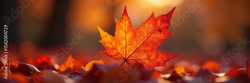 Single autumn leaf, rich red and orange hues, crisp edges, brown, nature photography