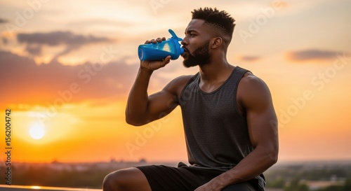 Wallpaper Mural Young man drinking water during sunset after workout outdoor fitness athletic man hydrating muscular male sports activity healthy lifestyle exercise routine summer evening active lifestyle fitness Torontodigital.ca