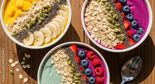 Wallpaper Mural Colorful smoothie bowls topped with fruits, oats, seeds, and vibrant sauces, arranged on wooden surface with spoon nearby, evoking freshness and healthy eating Torontodigital.ca
