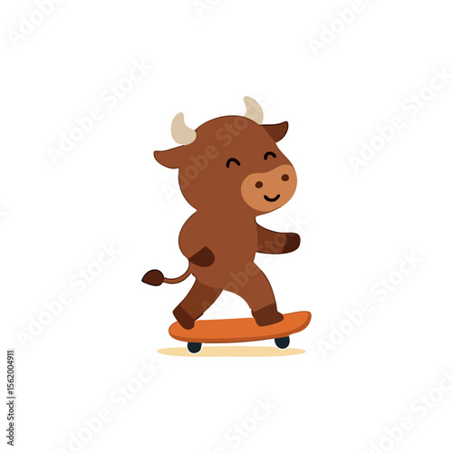 Cute brown bull character riding a skateboard