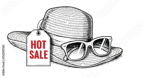 Straw hat and sunglasses with a HOT SALE tag isolated on white