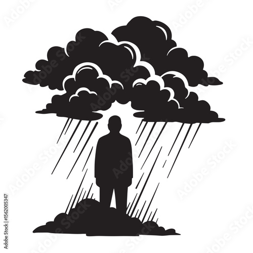 Silhouette of a person standing in the rain under a dark cloud representing sadness