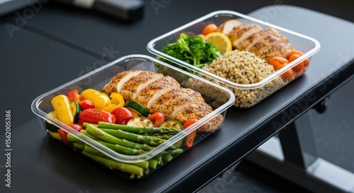 Wallpaper Mural Healthy meal prep with grilled chicken, quinoa, and vegetables in clear plastic containers, ready for lunch or dinner, on black table Torontodigital.ca