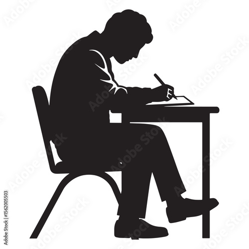 Silhouette of a person writing at a desk representing education and business concepts