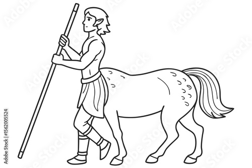 Line art of a wise centaur, suitable for a coloring page, simple lines, no shading, clear outlines, black and white