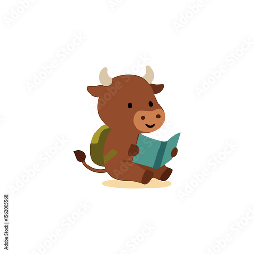 A cartoon brown cow with light-tan horns, a backpack, and a teal-colored book sits reading