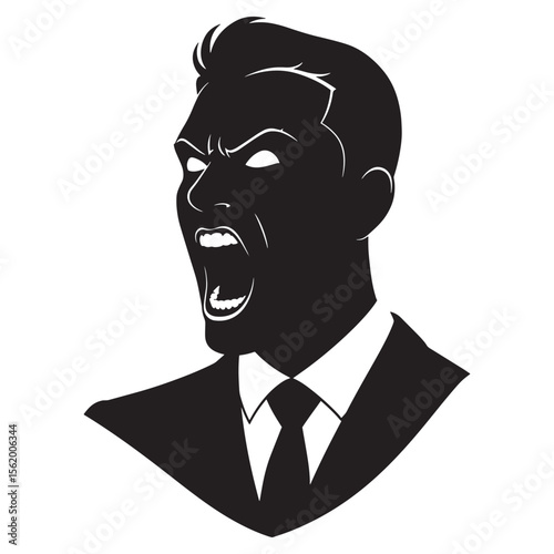Silhouette of an angry businessman with an open mouth shouting and wearing a suit
