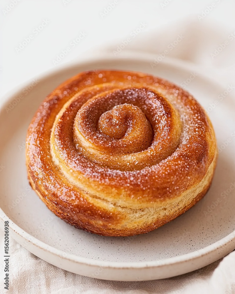 Fototapeta premium Cinnamon roll on ceramic plate, minimal sugar swirl bun with golden crust in soft light, perfect cinnamon roll image for cozy bakery branding, lifestyle blog, and food editorial design