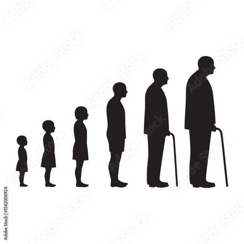 Silhouette representation of human life stages showing growth and aging throughout life