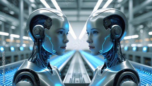 Futuristic Reflection: Two sleek humanoid robots stand face-to-face in a modern industrial setting.