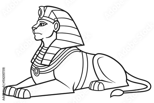 Line art of a wise sphinx, suitable for a coloring page, simple lines, no shading, clear outlines, black and white