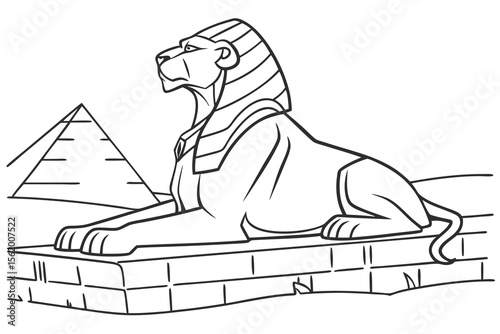 Line art of a wise sphinx, suitable for a coloring page, simple lines, no shading, clear outlines, black and white