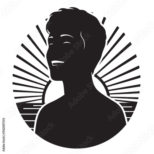 Smiling male silhouette with sunburst design representing positivity and happiness