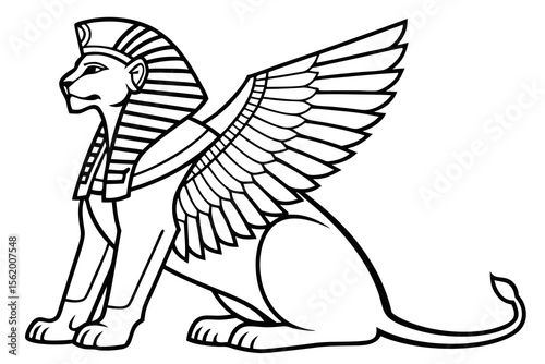 Line art of a wise sphinx, suitable for a coloring page, simple lines, no shading, clear outlines, black and white