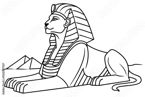 Line art of a wise sphinx, suitable for a coloring page, simple lines, no shading, clear outlines, black and white