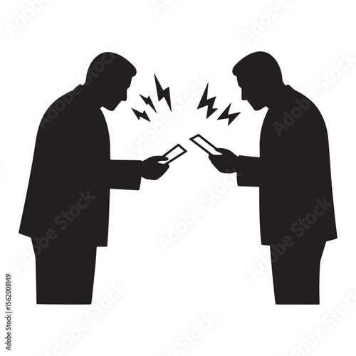 Two businessmen silhouetted using smartphones exchanging angry messages or negative feedback