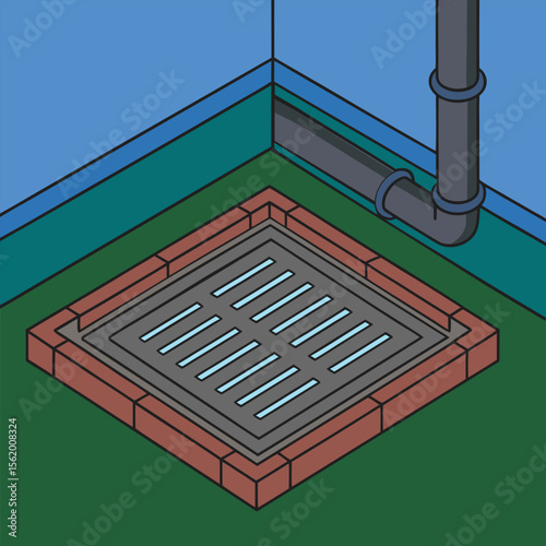 Circular metal grate protecting a drainage system, providing safety and preventing debris from entering. Durable plastic pipes used in plumbing and drainage system.