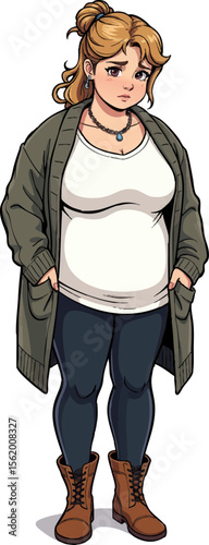 a woman in jeans and jacket standing with her hands on the hipss