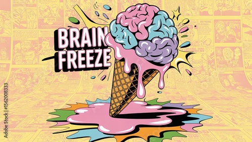 Funky ice cream cone melting with brain illustration and text  