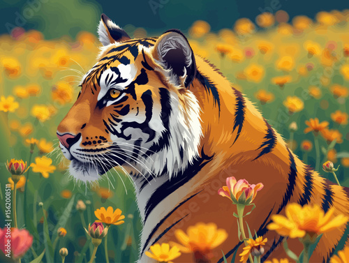 a tiger sitting in a field of flowers