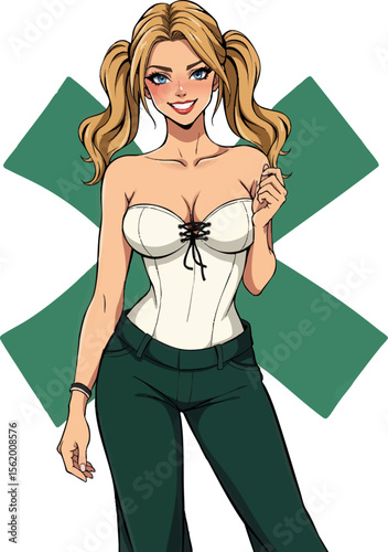 a woman in a white top and green pants